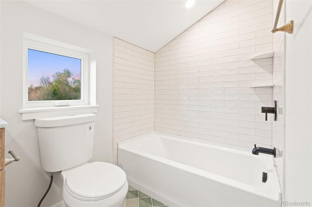 1052 N Knox Ct, Denver, CO 80204 - full bathroom with lofted ceiling, toilet, vanity, and shower / bathtub combination