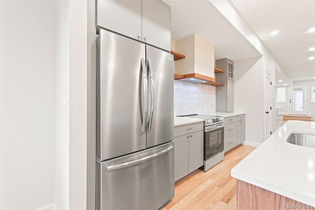 1052 N Knox Ct, Denver, CO 80204 - kitchen featuring stainless steel appliances, open shelves, light wood-style floors, gray cabinets, and recessed lighting