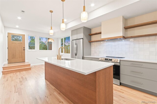 1052 N Knox Ct, Denver, CO 80204 - kitchen with open shelves, appliances with stainless steel finishes, gray cabinetry, a sink, and recessed lighting