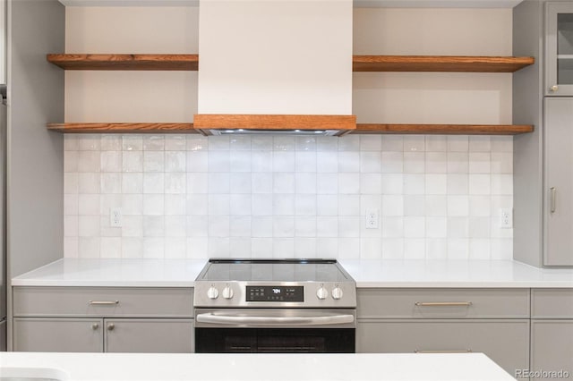 1052 N Knox Ct, Denver, CO 80204 - kitchen featuring open shelves, stainless steel electric stove, and gray cabinets