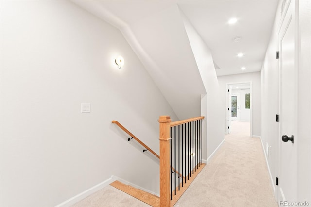 1052 N Knox Ct, Denver, CO 80204 - hallway featuring an upstairs landing, light colored carpet, baseboards, and recessed lighting