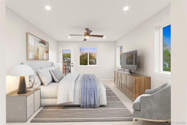 1052 N Knox Ct, Denver, CO 80204 - bedroom featuring access to exterior, multiple windows, recessed lighting, baseboards, and ceiling fan