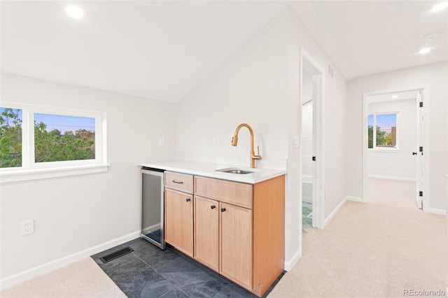 1052 N Knox Ct, Denver, CO 80204 - bar with a sink, wine cooler, baseboards, recessed lighting, and dark carpet