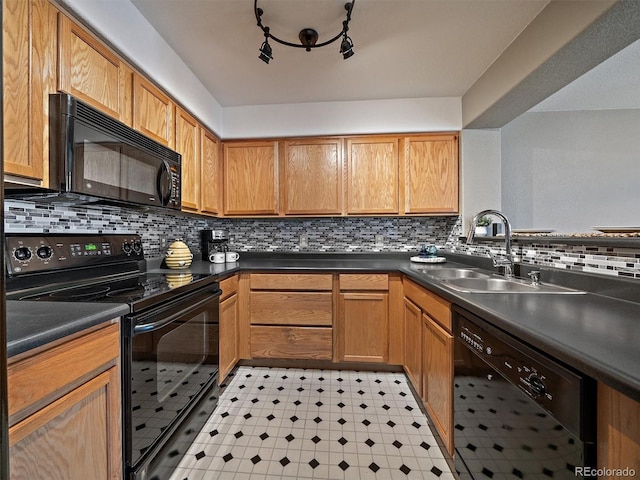 kitchen with backsplash, sink, and black appliances