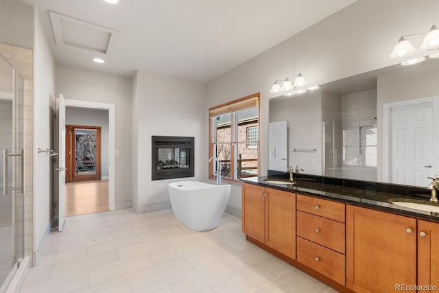 bathroom with a shower stall, double vanity, and a sink