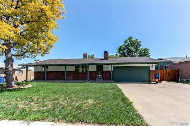 16291 E 7th Dr, Aurora, CO 80011 - single story home with a garage, brick siding, driveway, and a chimney