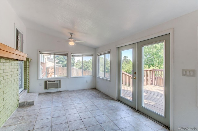 16291 E 7th Dr, Aurora, CO 80011 - unfurnished sunroom featuring healthy amount of natural light, vaulted ceiling, an AC wall unit, and french doors
