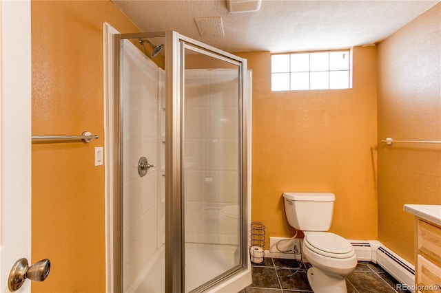 16291 E 7th Dr, Aurora, CO 80011 - bathroom with toilet, a baseboard heating unit, a stall shower, a textured wall, and tile patterned floors