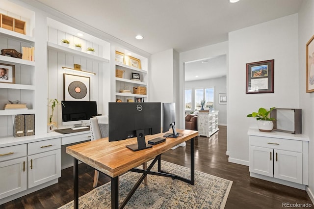 11046 Pastel Pt, Parker, CO 80134 - home office with dark wood-type flooring, baseboards, recessed lighting, and built in features