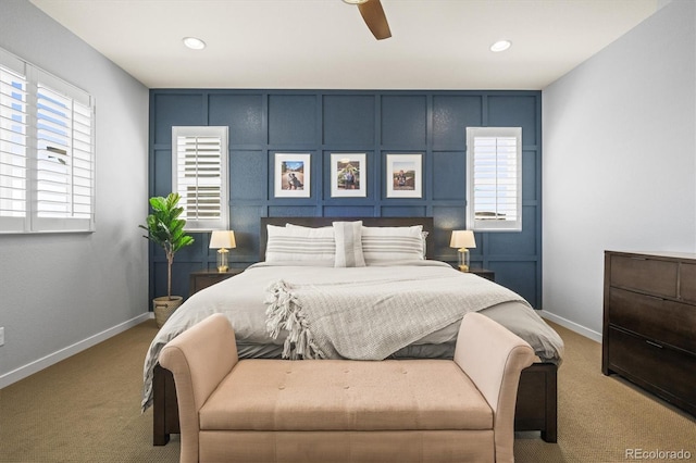 11046 Pastel Pt, Parker, CO 80134 - carpeted bedroom with baseboards, multiple windows, a ceiling fan, and recessed lighting