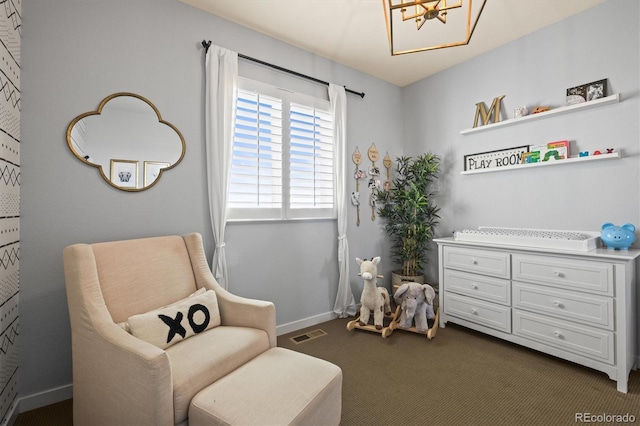 11046 Pastel Pt, Parker, CO 80134 - sitting room with a chandelier, dark carpet, and baseboards