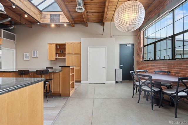 1515 N Ogden St Unit 7, Denver, CO 80218 - interior space featuring a skylight, beam ceiling, wooden ceiling, concrete floors, and a high ceiling