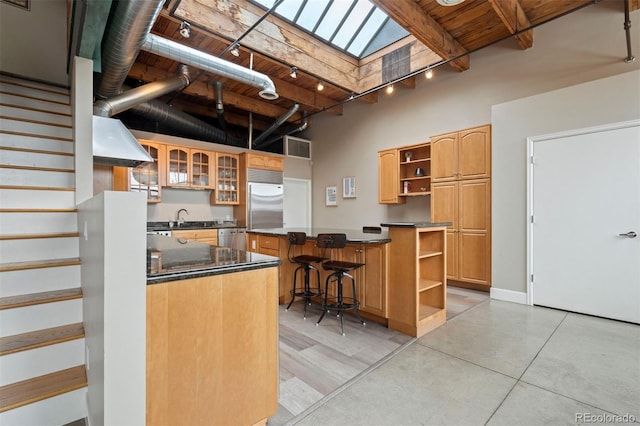 1515 N Ogden St Unit 7, Denver, CO 80218 - kitchen featuring open shelves, appliances with stainless steel finishes, dark countertops, and a skylight