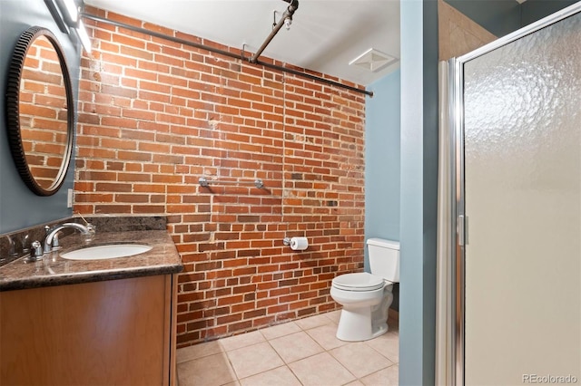 1515 N Ogden St Unit 7, Denver, CO 80218 - full bathroom featuring tile patterned flooring, vanity, toilet, brick wall, and a shower stall