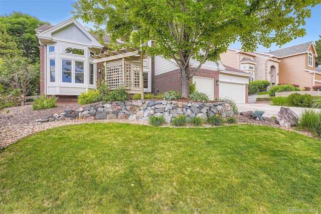 9962 Stratford Ln, Highlands Ranch, CO 80126 - view of front of house featuring brick siding, concrete driveway, a front lawn, and a garage