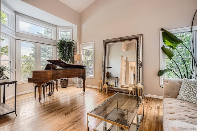 9962 Stratford Ln, Highlands Ranch, CO 80126 - living area with wood finished floors, healthy amount of natural light, and high vaulted ceiling