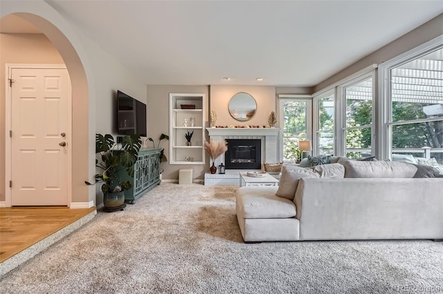 9962 Stratford Ln, Highlands Ranch, CO 80126 - carpeted living area with arched walkways and a fireplace
