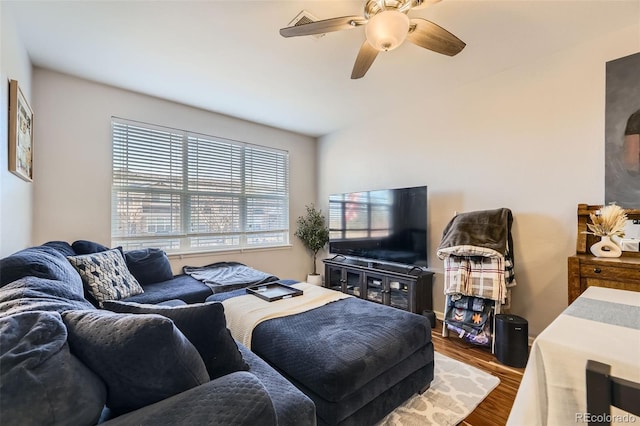 living room featuring ceiling fan and hardwood / wood-style floors