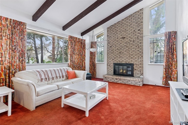 8484 E Radcliff Ave, Denver, CO 80237 - living area with beamed ceiling, carpet floors, a brick fireplace, and high vaulted ceiling