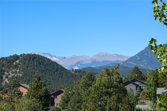 property view of mountains featuring a forest view