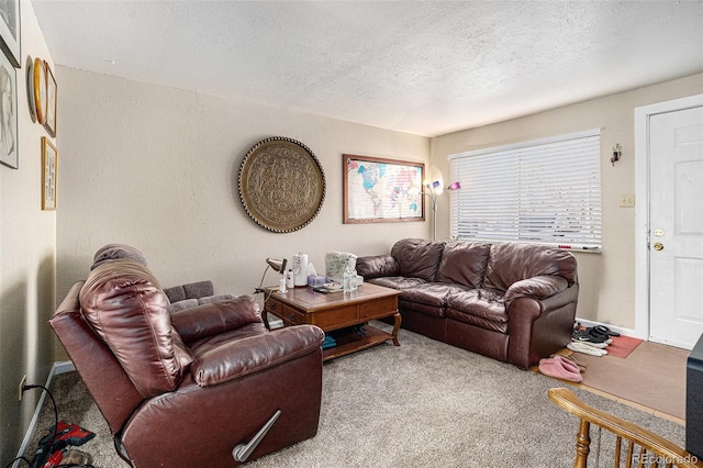 living room featuring a textured ceiling, a textured wall, and carpet