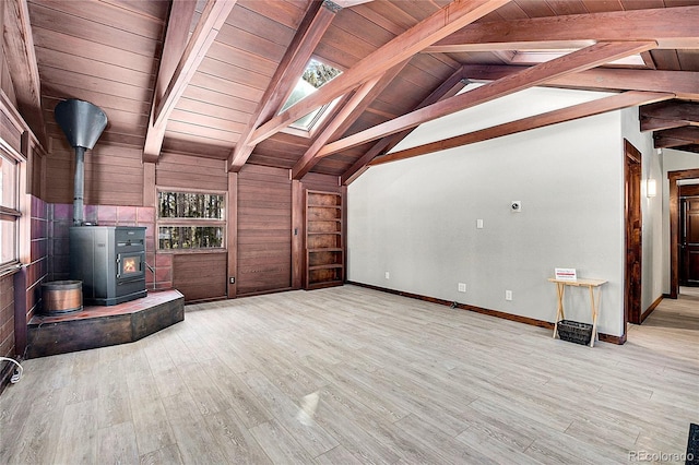 unfurnished living room featuring a wood stove, lofted ceiling with beams, light hardwood / wood-style floors, wooden walls, and wood ceiling