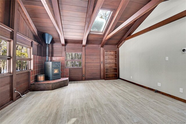 unfurnished living room with a wood stove, wooden ceiling, light hardwood / wood-style flooring, lofted ceiling with skylight, and wooden walls