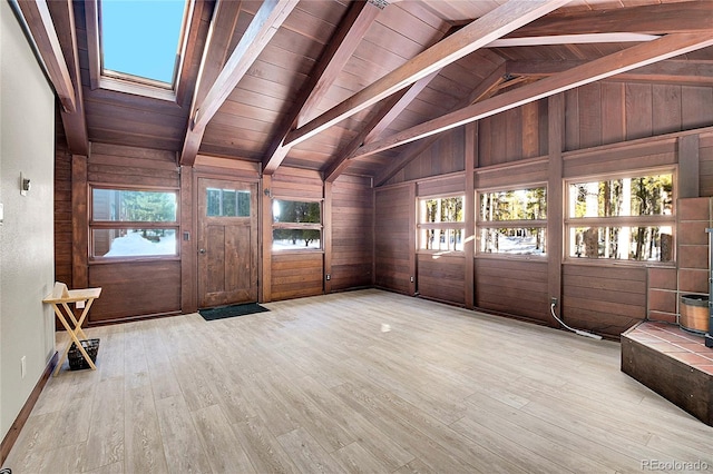 interior space with wooden walls, wooden ceiling, and hardwood / wood-style flooring