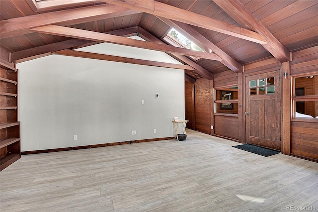 unfurnished living room with lofted ceiling with beams, wooden ceiling, and light hardwood / wood-style flooring