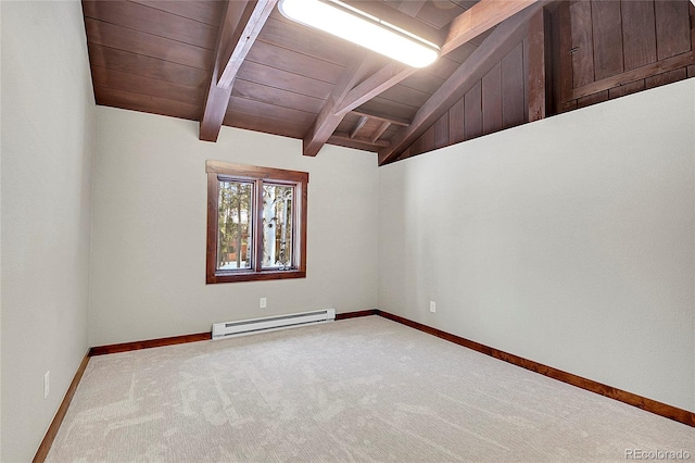 spare room featuring vaulted ceiling with beams, light colored carpet, wooden ceiling, and baseboard heating