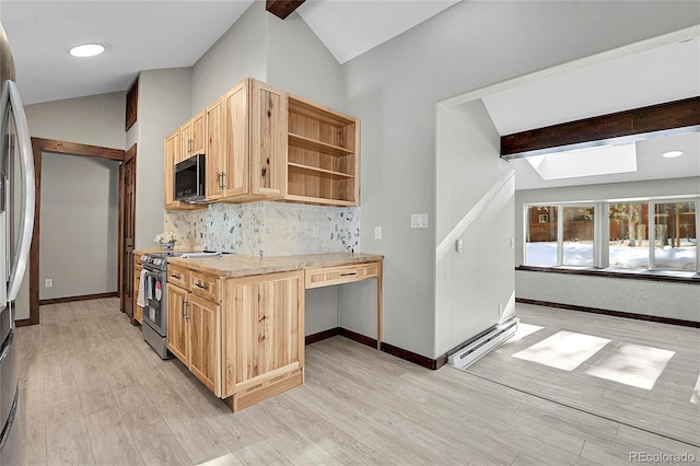 kitchen with decorative backsplash, light hardwood / wood-style floors, lofted ceiling with skylight, and stainless steel electric stove