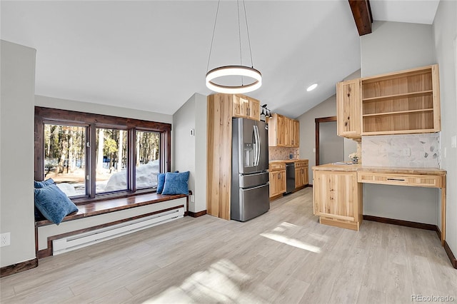 kitchen with light wood-type flooring, lofted ceiling with beams, a baseboard radiator, stainless steel fridge with ice dispenser, and hanging light fixtures