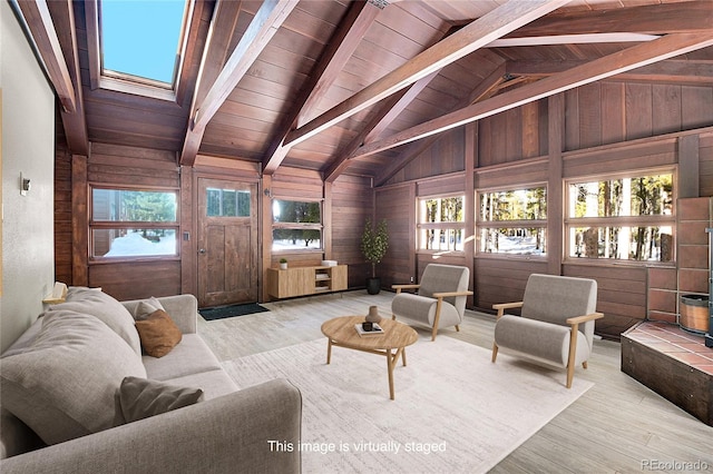 9123 Booker Ln, Conifer, CO 80433 - living area with wooden walls, wooden ceiling, lofted ceiling with skylight, and wood finished floors