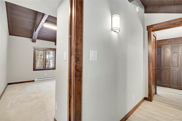 9123 Booker Ln, Conifer, CO 80433 - hallway featuring beamed ceiling, baseboards, wood ceiling, and a baseboard radiator