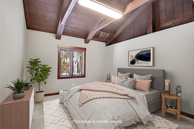 9123 Booker Ln, Conifer, CO 80433 - carpeted bedroom featuring baseboards, lofted ceiling with beams, wood ceiling, and a baseboard radiator