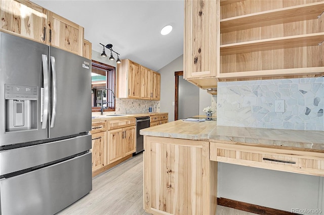 9123 Booker Ln, Conifer, CO 80433 - kitchen with dishwashing machine, light brown cabinets, open shelves, and stainless steel refrigerator with ice dispenser