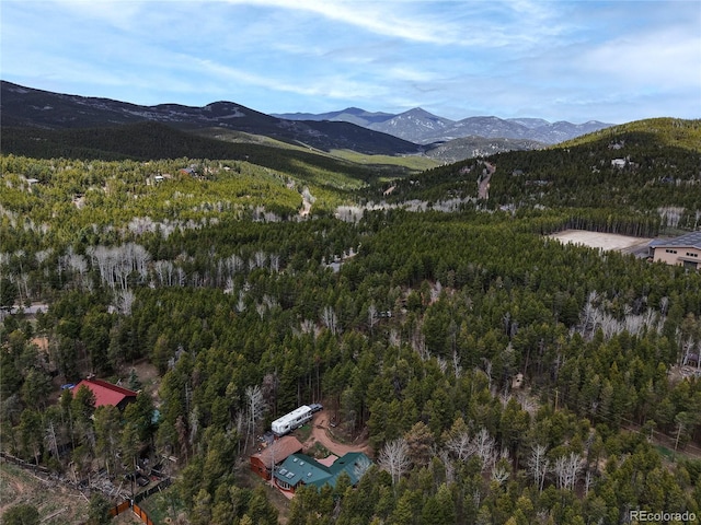 9123 Booker Ln, Conifer, CO 80433 - bird's eye view with a mountain view and a wooded view
