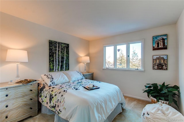 bedroom with light colored carpet