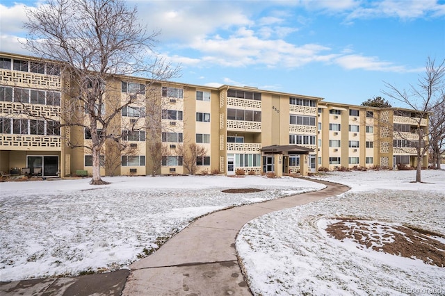 view of snow covered building