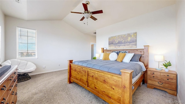 bedroom featuring a ceiling fan, lofted ceiling, light colored carpet, and baseboards