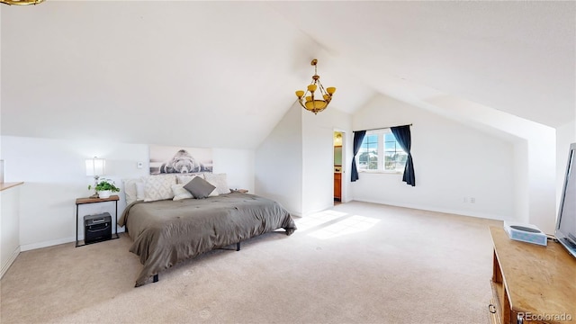 bedroom with vaulted ceiling, an inviting chandelier, baseboards, and light colored carpet