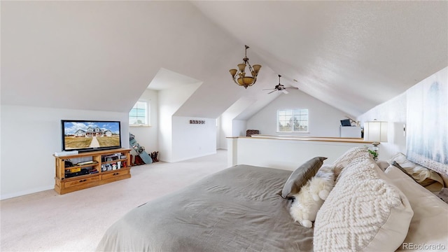 bedroom with light carpet, ceiling fan, and lofted ceiling