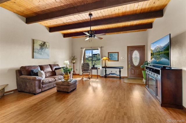 living room with beam ceiling, light wood-type flooring, ceiling fan, and wooden ceiling