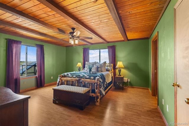 bedroom featuring multiple windows, light wood-type flooring, and ceiling fan