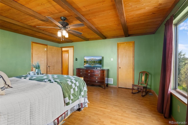 bedroom featuring beam ceiling, ceiling fan, light hardwood / wood-style flooring, and wooden ceiling