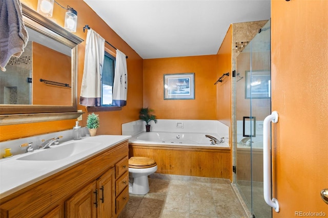 full bathroom with plus walk in shower, vanity, and toilet