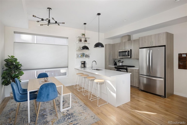 kitchen featuring a sink, appliances with stainless steel finishes, light wood finished floors, modern cabinets, and a kitchen bar