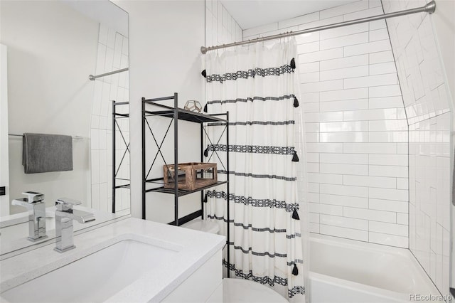 full bathroom with shower / bathtub combination with curtain and vanity