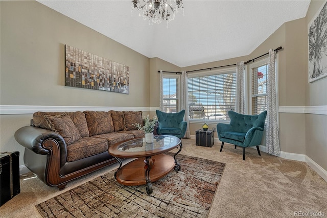 carpeted living room featuring baseboards, a textured ceiling, and lofted ceiling