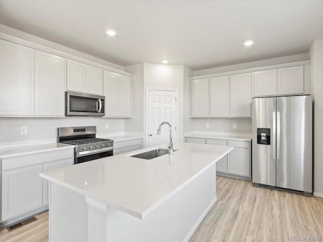 kitchen featuring visible vents, appliances with stainless steel finishes, light countertops, light wood-type flooring, and a sink